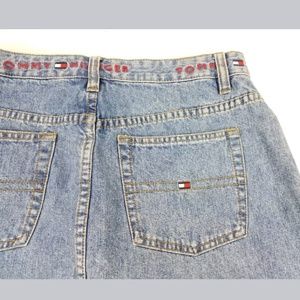 Vtg TOMMY HILFIGER Denim skirt Spell Out Logo 90s