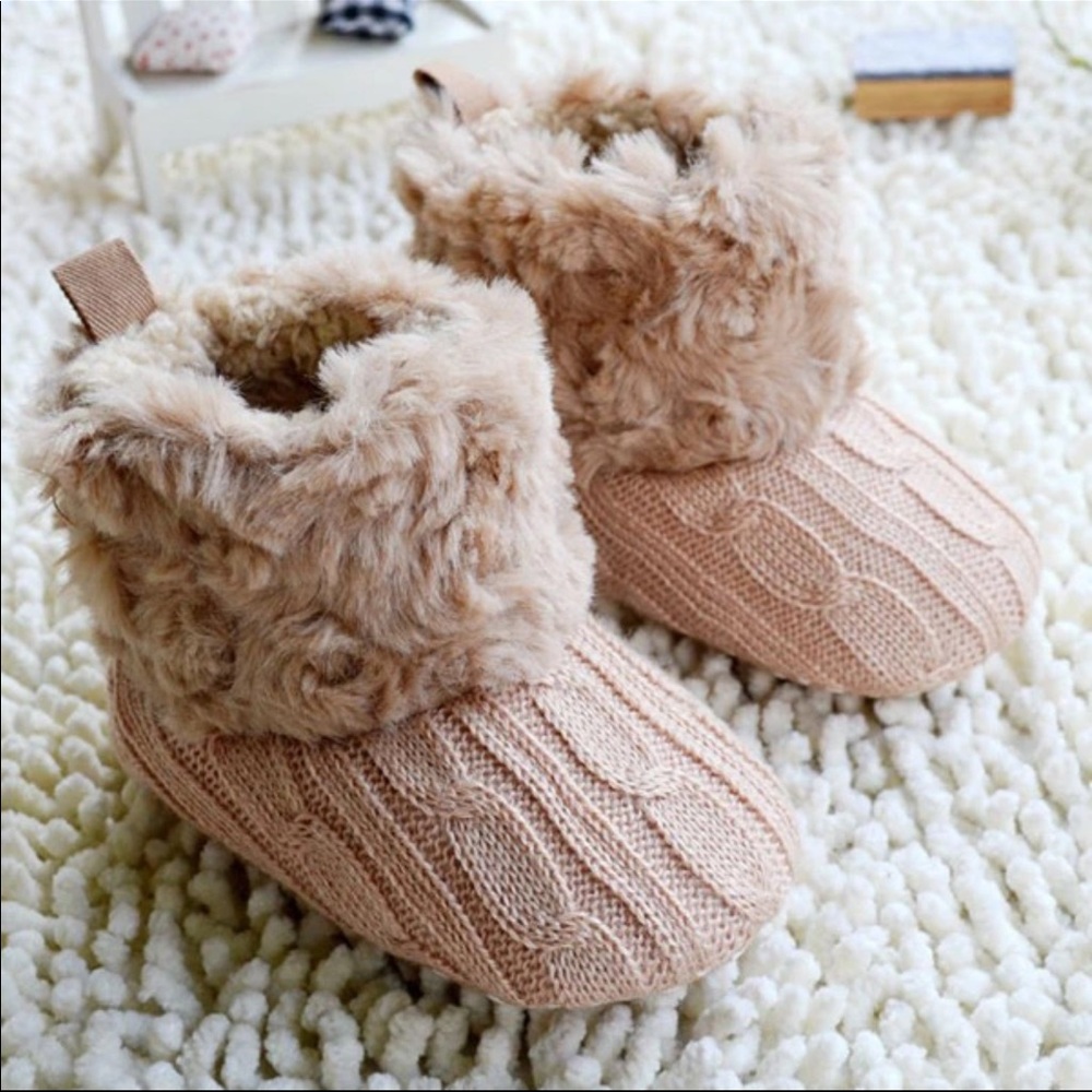 Baby Girl Tan Knitted Winter Boots with Fur