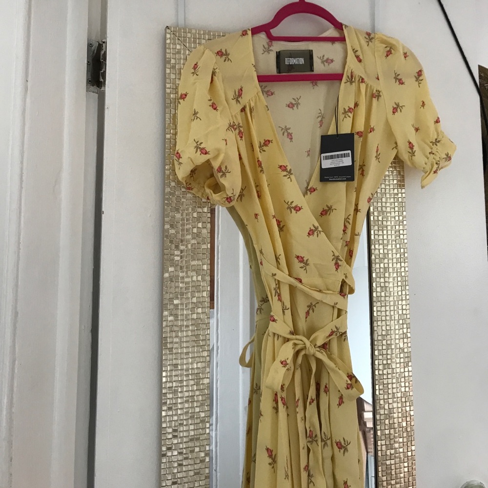 REFORMATION yellow rosebud print maxi wrap dress