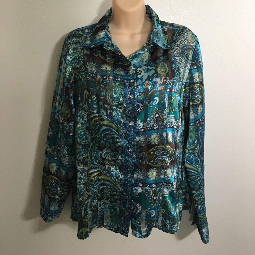 Retro Y2K 90’s Teal blue print silky long sleeves Button Down Top