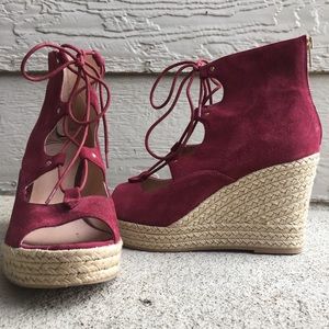 Free People Maroon Suede and Braided Hemp Wedges