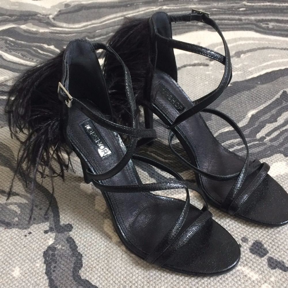 Topshop Roxana black feather strappy heels NEW