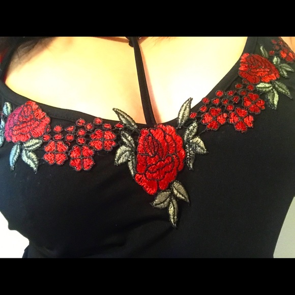 Black satin T strap stretchy top with rose detail - Picture 2 of 4