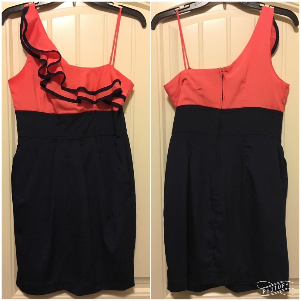 TeezeMe Coral and Navy One-Shoulder Dress