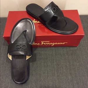 Ferragamo Black “Gancini” bit thong sandals NIB