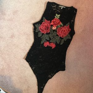 Rose embroidered lace bodysuit
