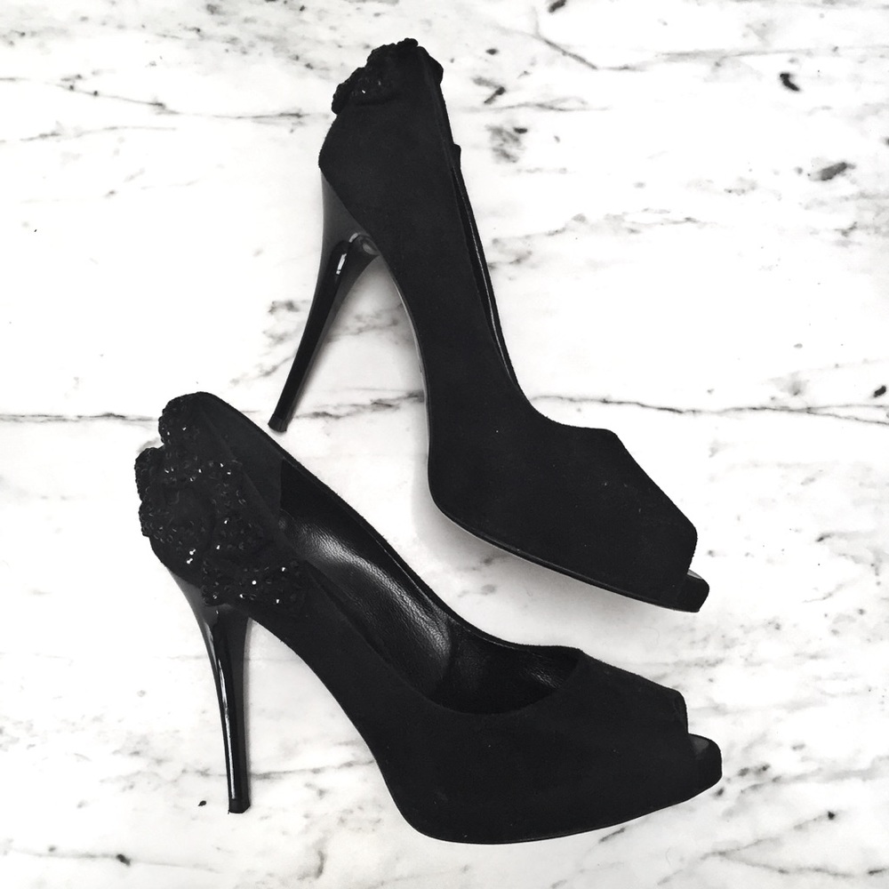 GIUSEPPE ZANOTTI: Crystal Bow Suede Peepetoe Heels - Picture 1 of 7