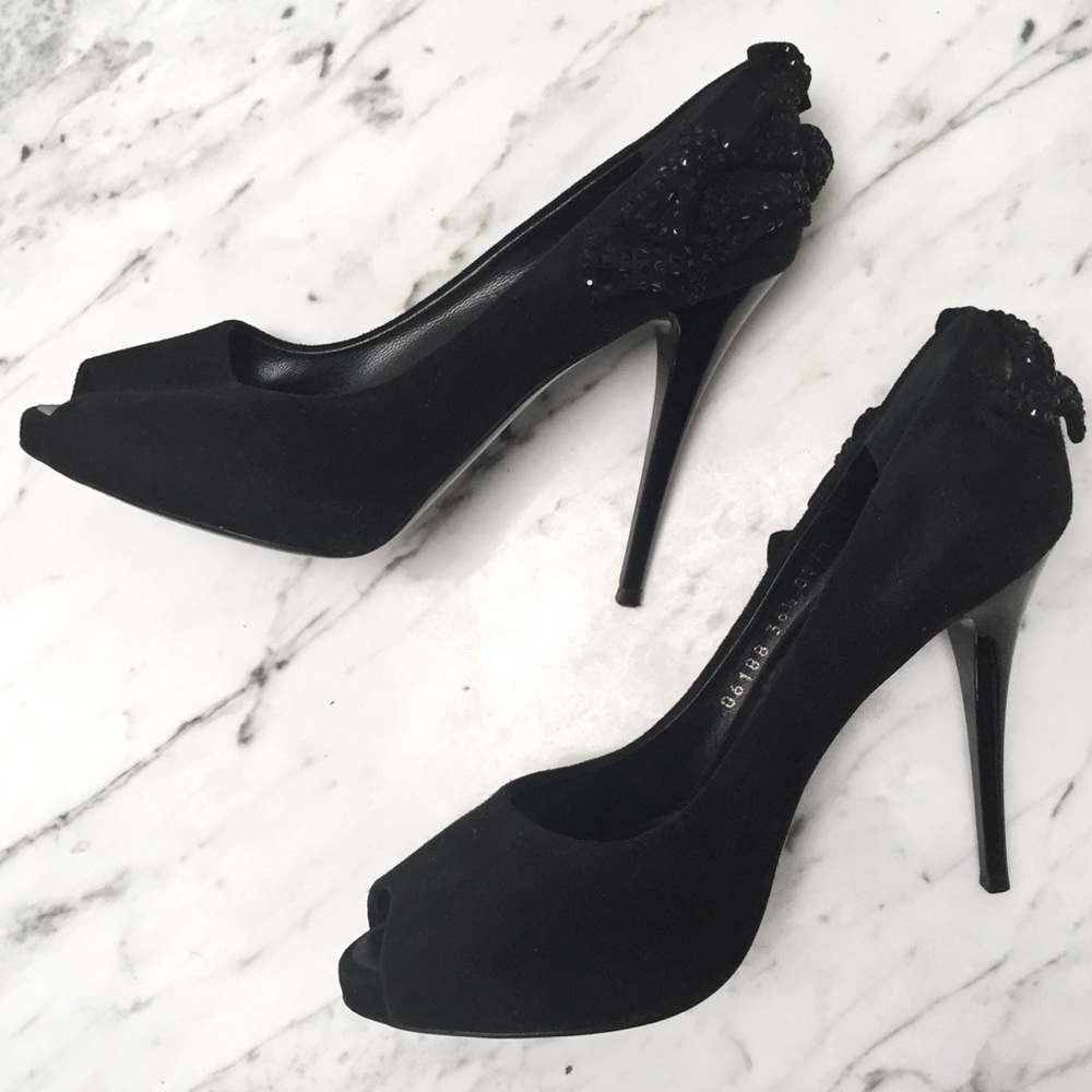 GIUSEPPE ZANOTTI: Crystal Bow Suede Peepetoe Heels - Picture 5 of 7