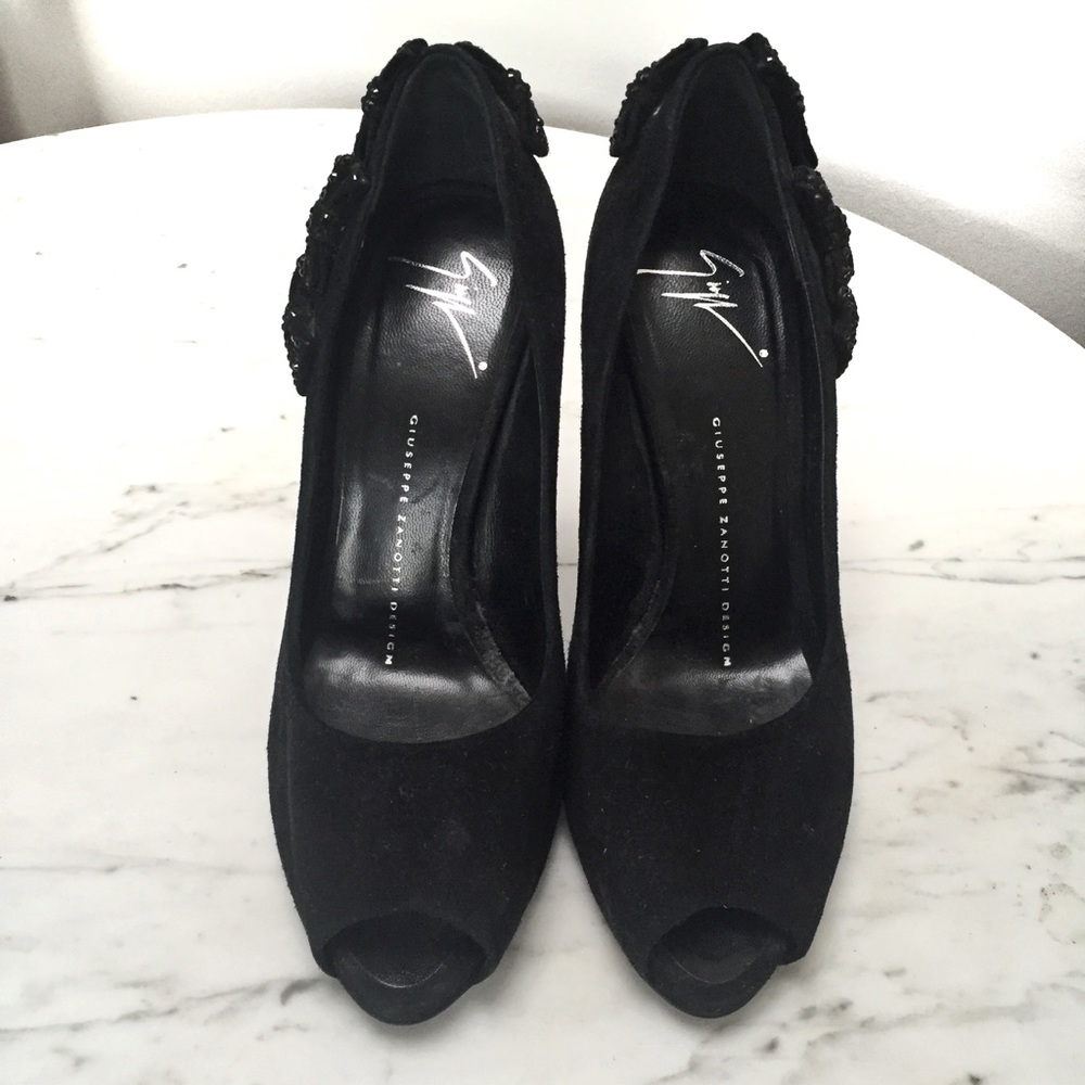 GIUSEPPE ZANOTTI: Crystal Bow Suede Peepetoe Heels - Picture 6 of 7