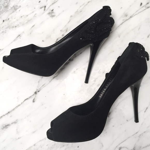 GIUSEPPE ZANOTTI: Crystal Bow Suede Peepetoe Heels - Picture 5 of 7