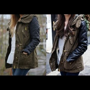 Zara khaki jacket quilted w/ faux leather sleeves