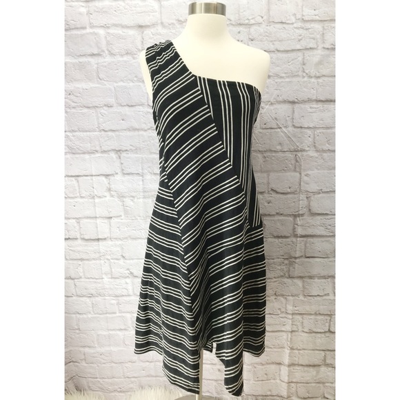 •Maeve• Moka One Shoulder Striped B&W Dress NWOT - Picture 3 of 4
