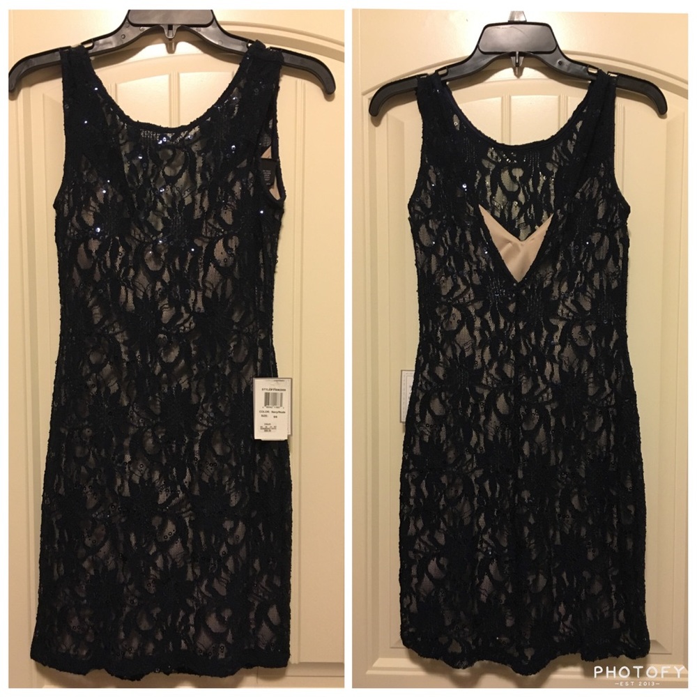 B Darlin Navy Sequin Dress with Low V Back