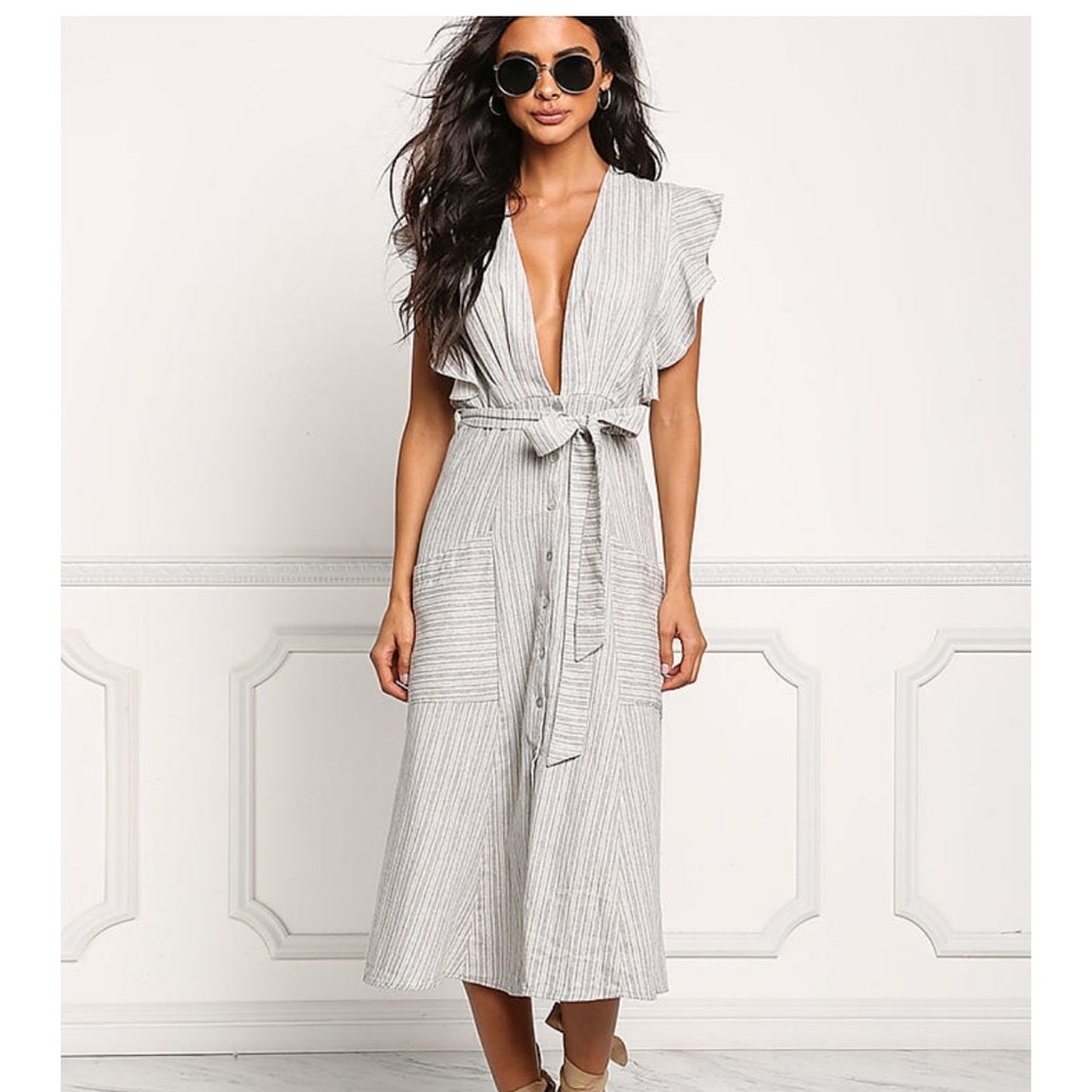 Deep V pinstripe midi dress