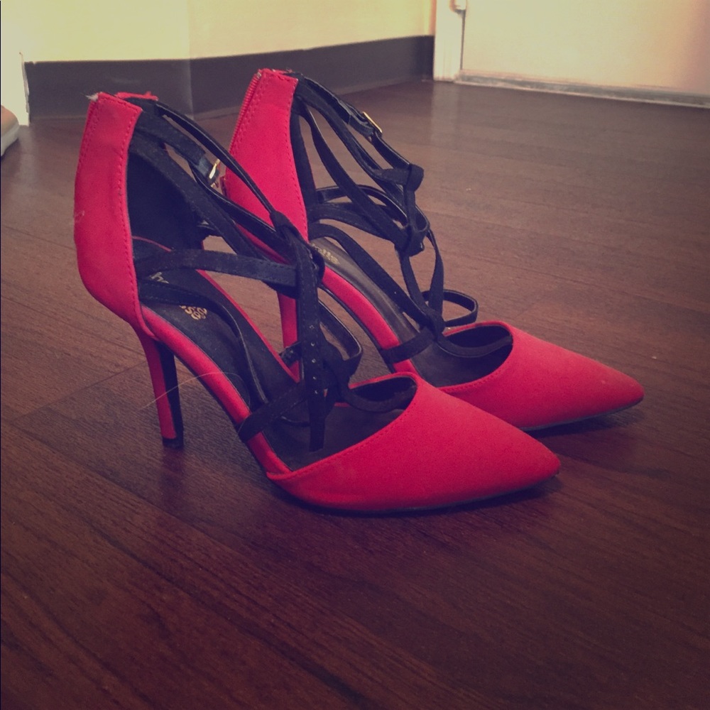 Red and black strap heels