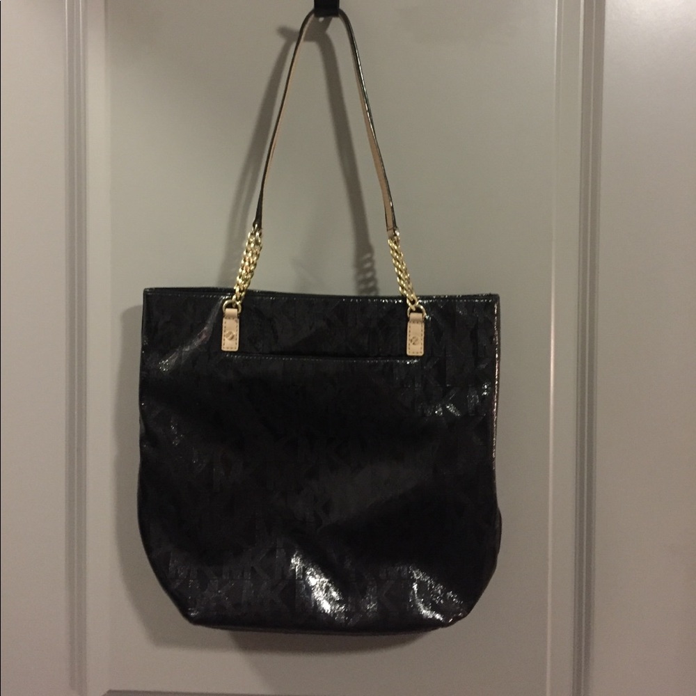 Michael Kors Black Mirror Monogram Gold Chain Tote