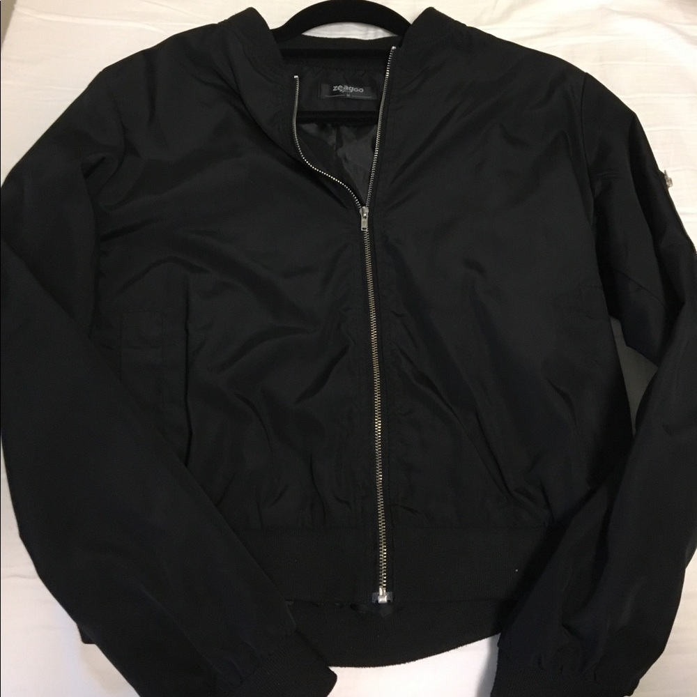 Black Windbreaker Bomber with Silver Zipper