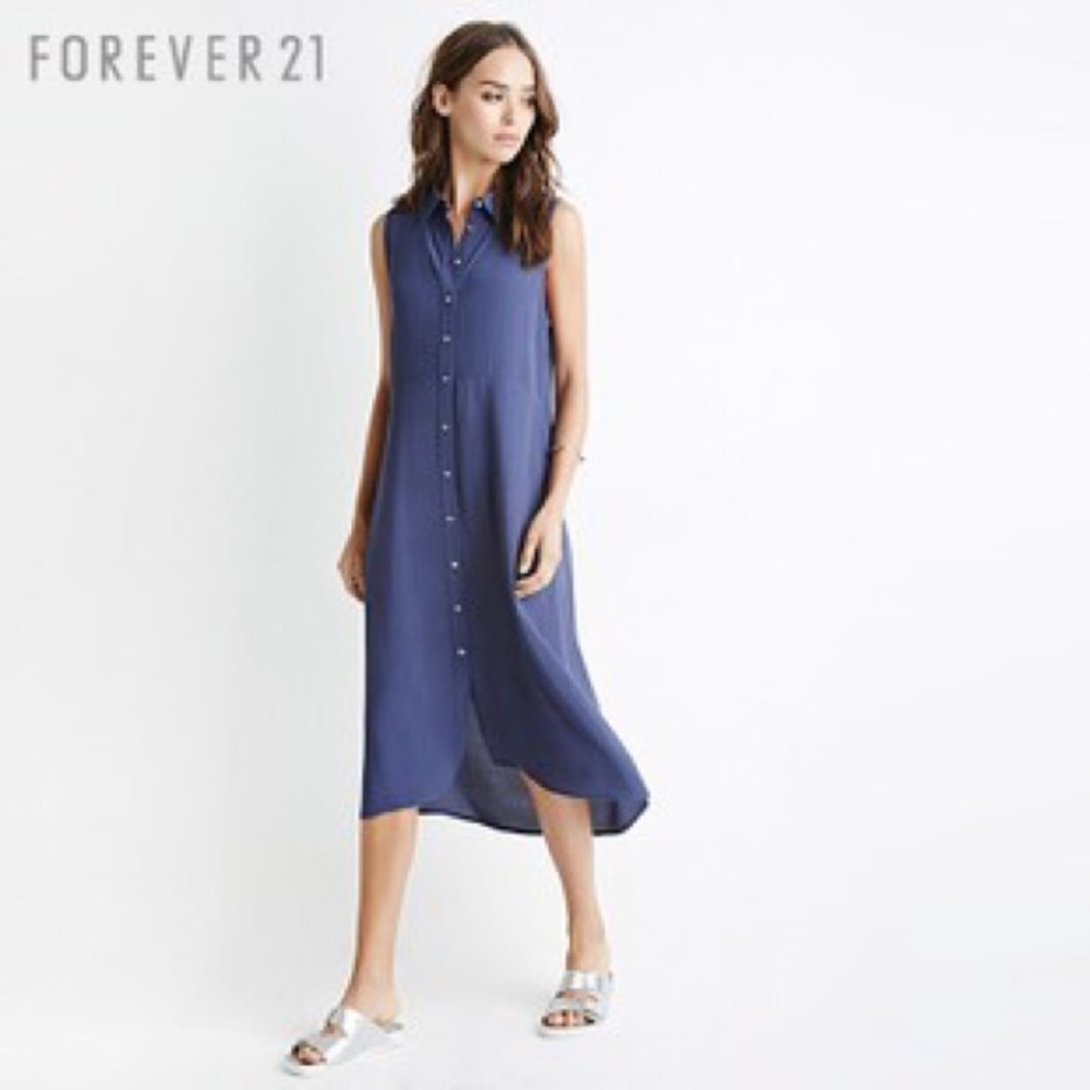 F21 Simple Button Sleeveless Midi Dress