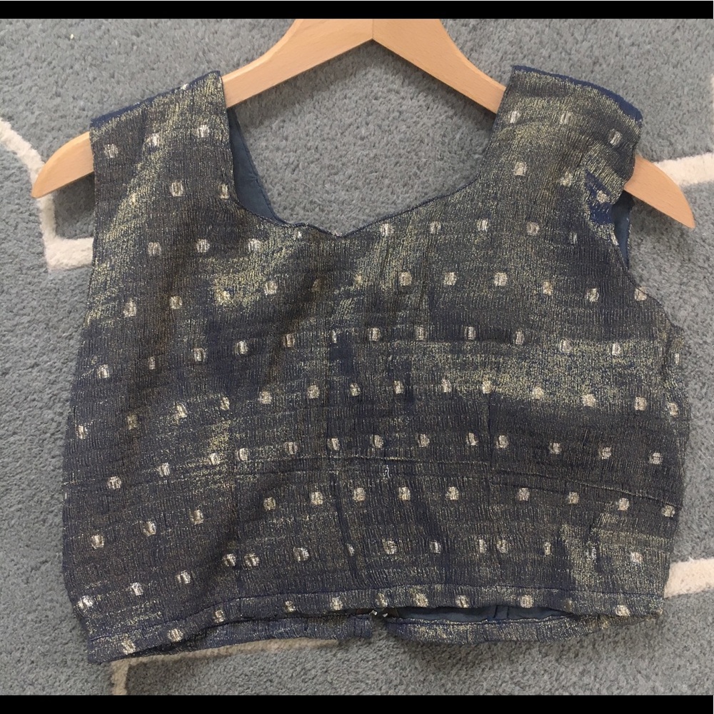 blue and shimmery gold crop top
