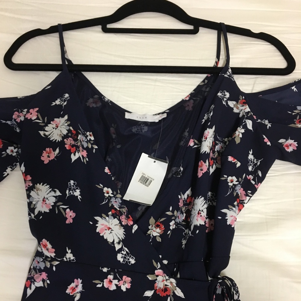 NWT Navy Blue Flower Cold Shoulder Wrap Dress
