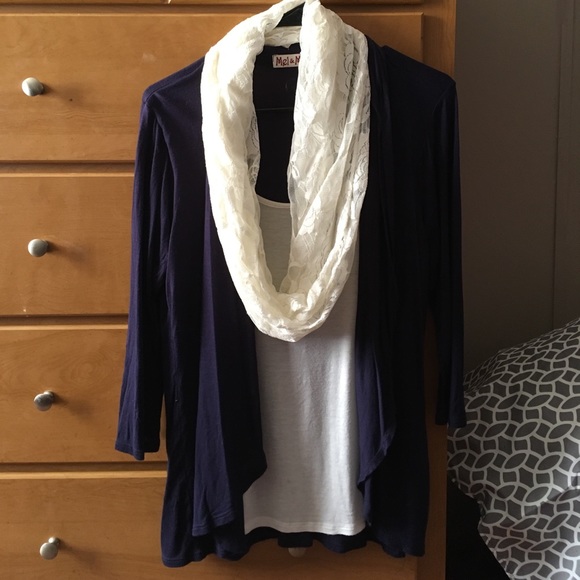 Navy and White Shirt with Lace Scarf - Picture 1 of 4
