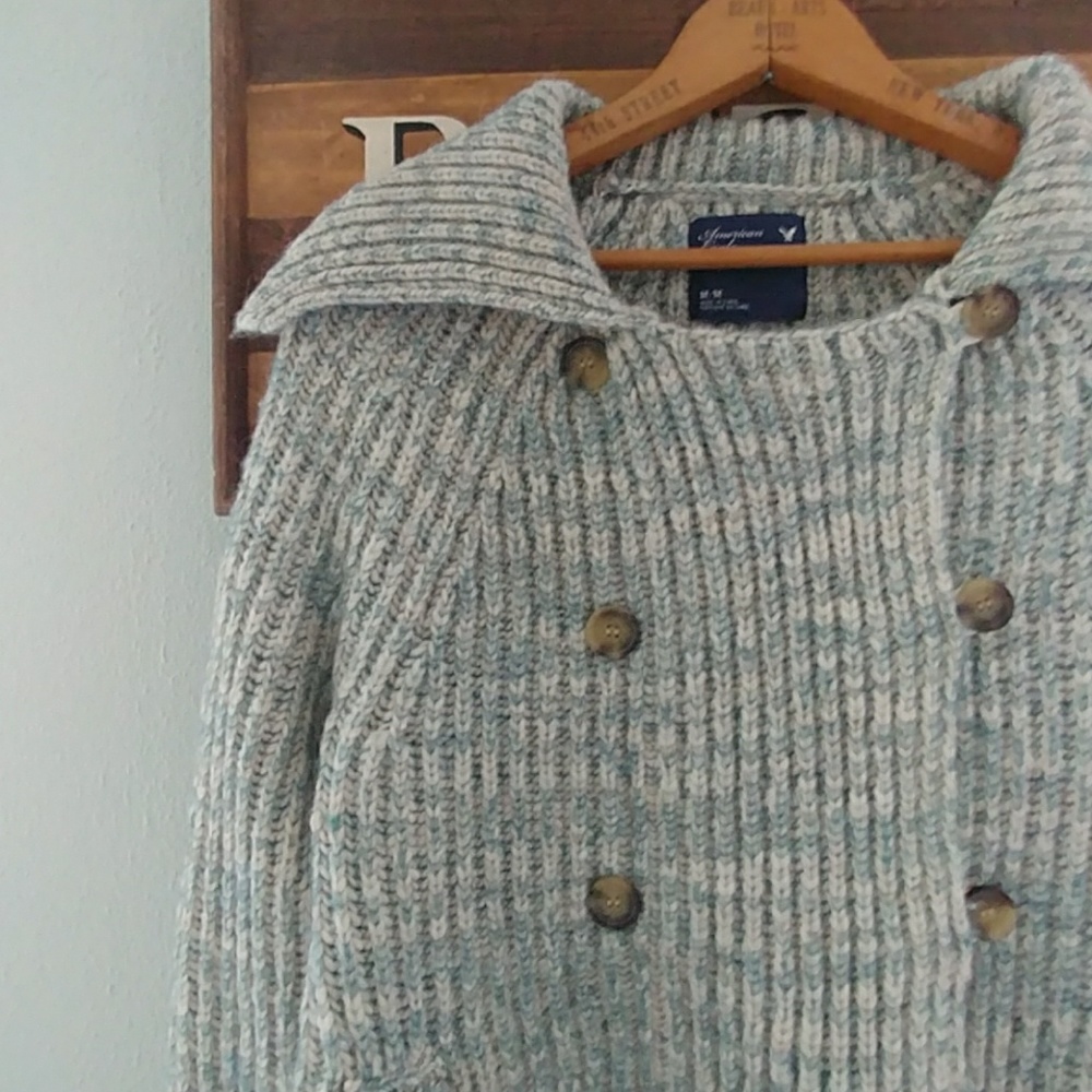 Thick cozy Sweater Jacket blue-teal cream M