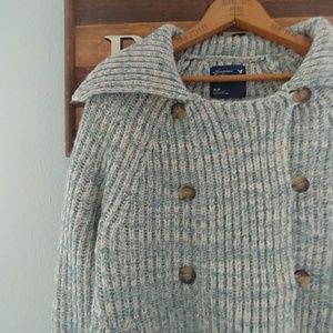 Thick cozy Sweater Jacket blue-teal cream M