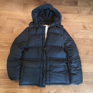 J. Crew black puffer coat with floral inside Large