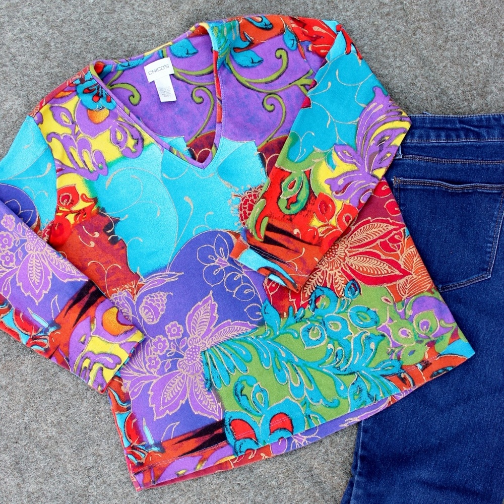 Chico's Colorful Floral 3/4 Sleeve T-Shirt