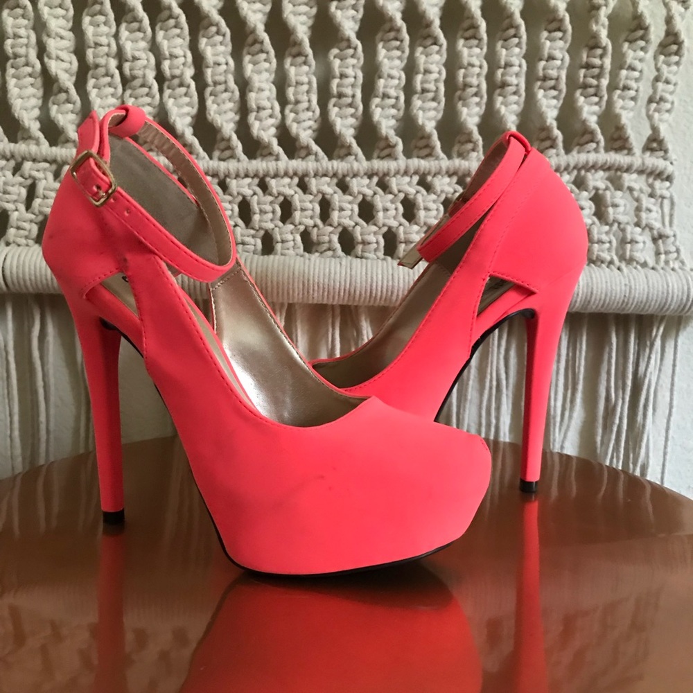 Charlotte Russe Neon Coral Nubuck Heels - Size 7