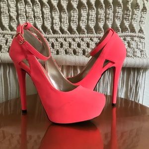 Charlotte Russe Neon Coral Nubuck Heels - Size 7