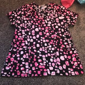 Pink and black printed scrub top