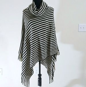 Black and White Striped Cowl Neck Poncho