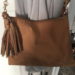 Camel leather cross body purse with fringe detail