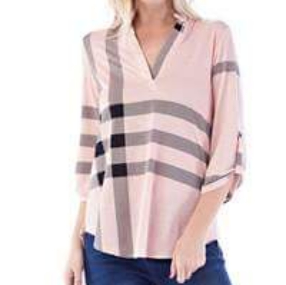 Blush Plaid Roll Tab Sleeve top