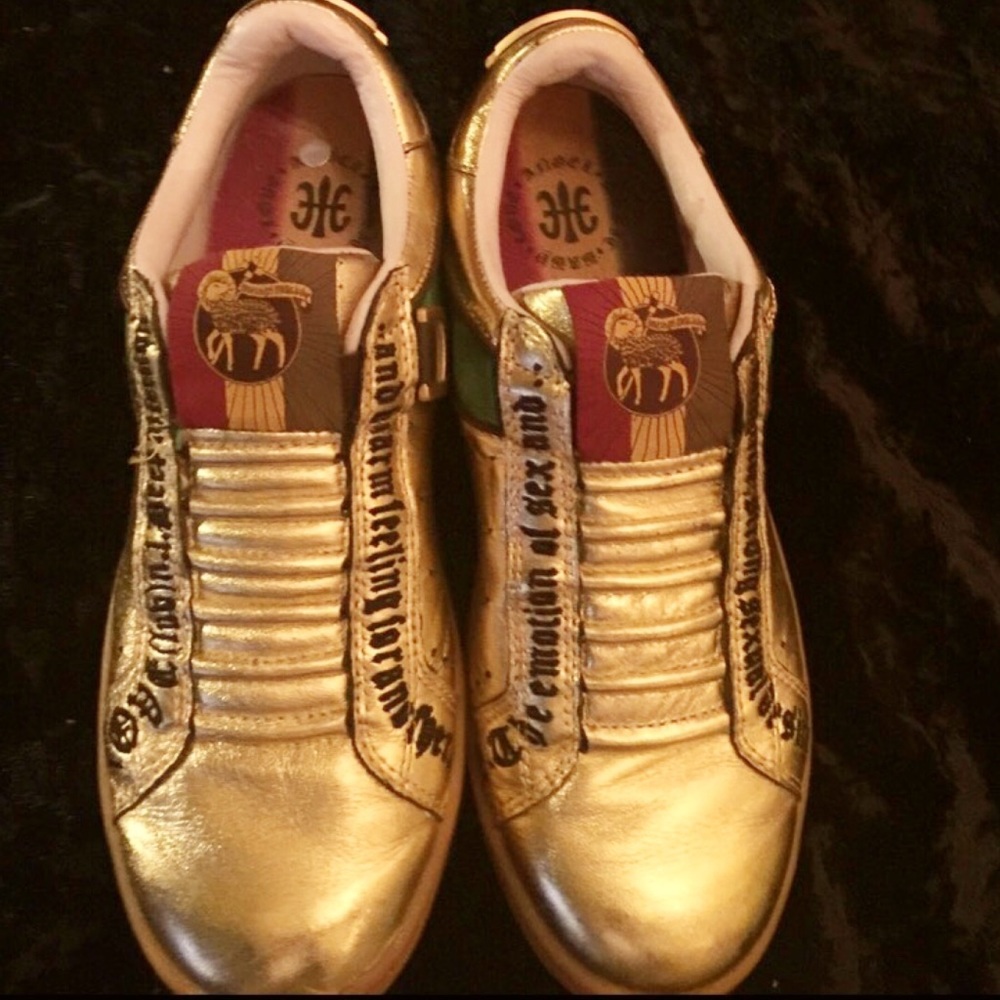 L.A.M.B. gold sneakers tennis shoes SZ 10 EUC