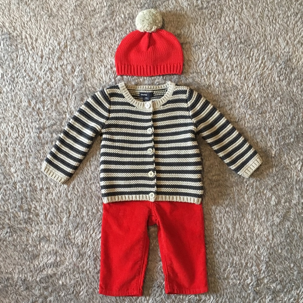 SOLD- Knit Striped Sweater, Red Cords & Pom Hat