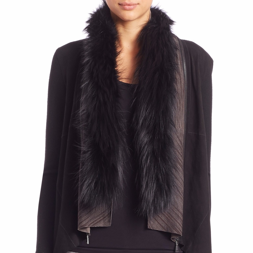 🎁ELIE TAHARI Margaret Fox Fur Collar Open Sweater