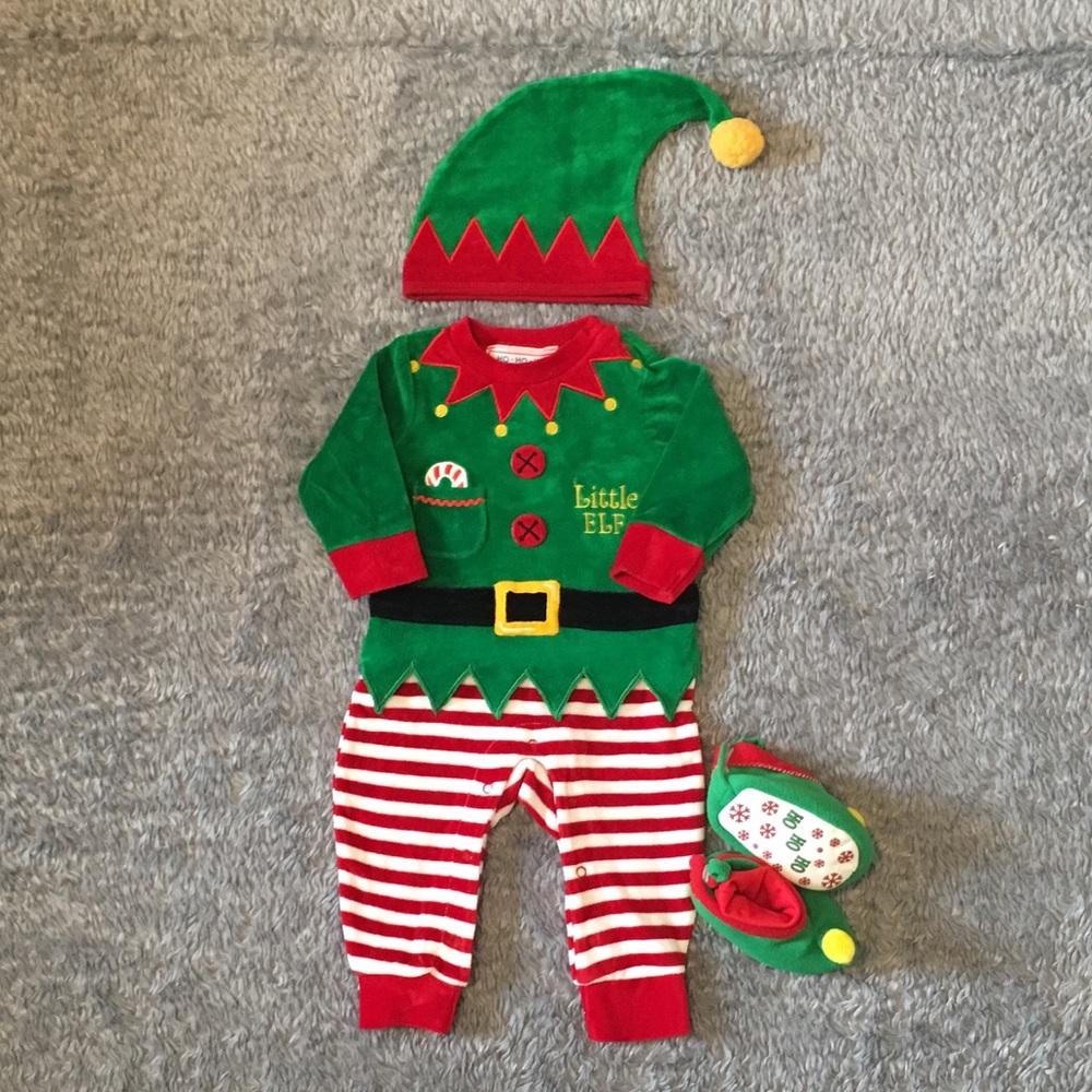 “Little Elf” Onesie w/ Matching Hat & Elf Slippers