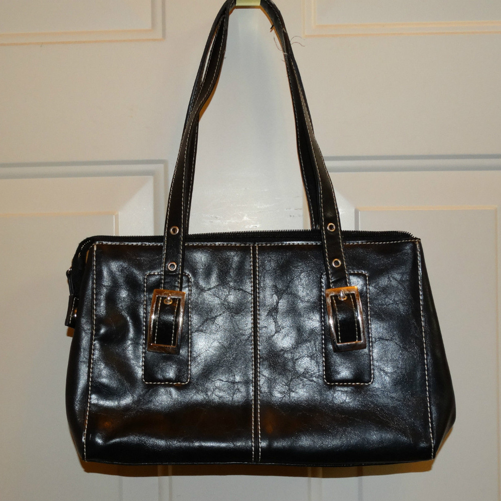 Purse Black Leather Look with Buckles on Sides