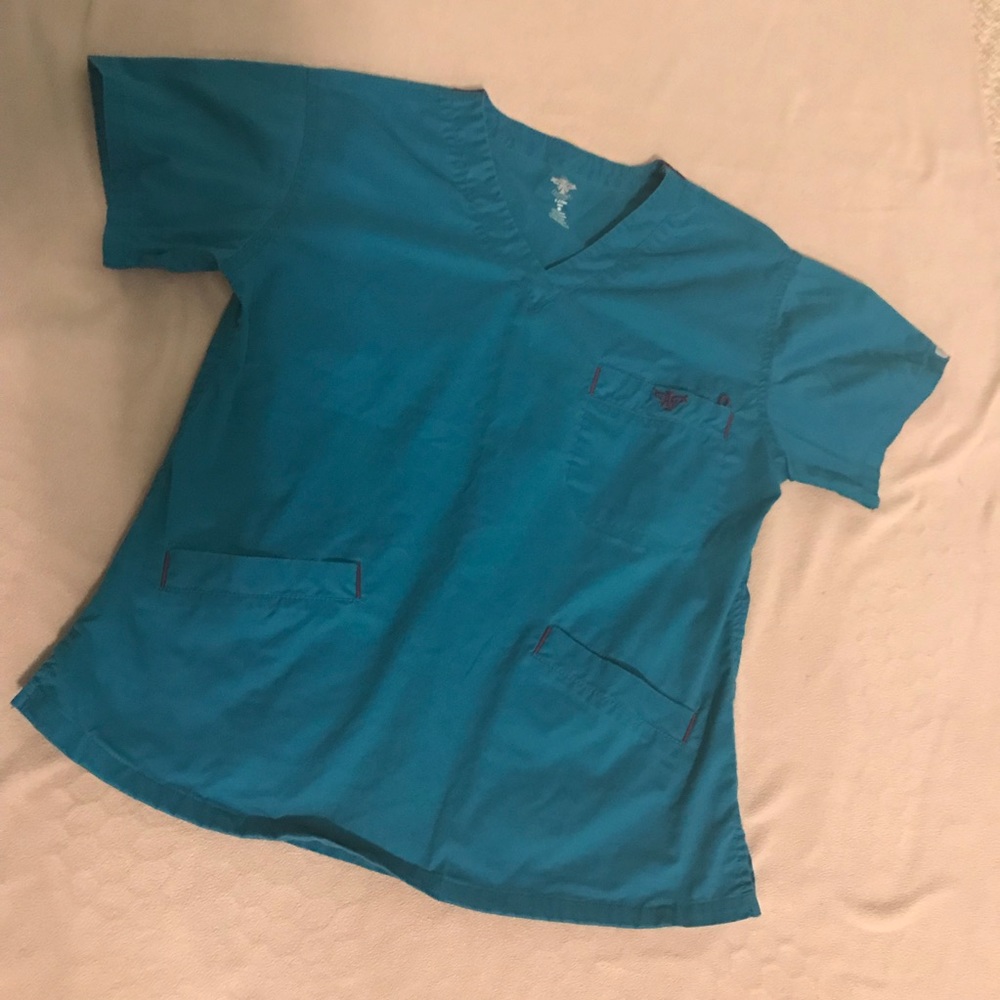 Teal/Eggplant Peaches Med Couture Scrub Shirt