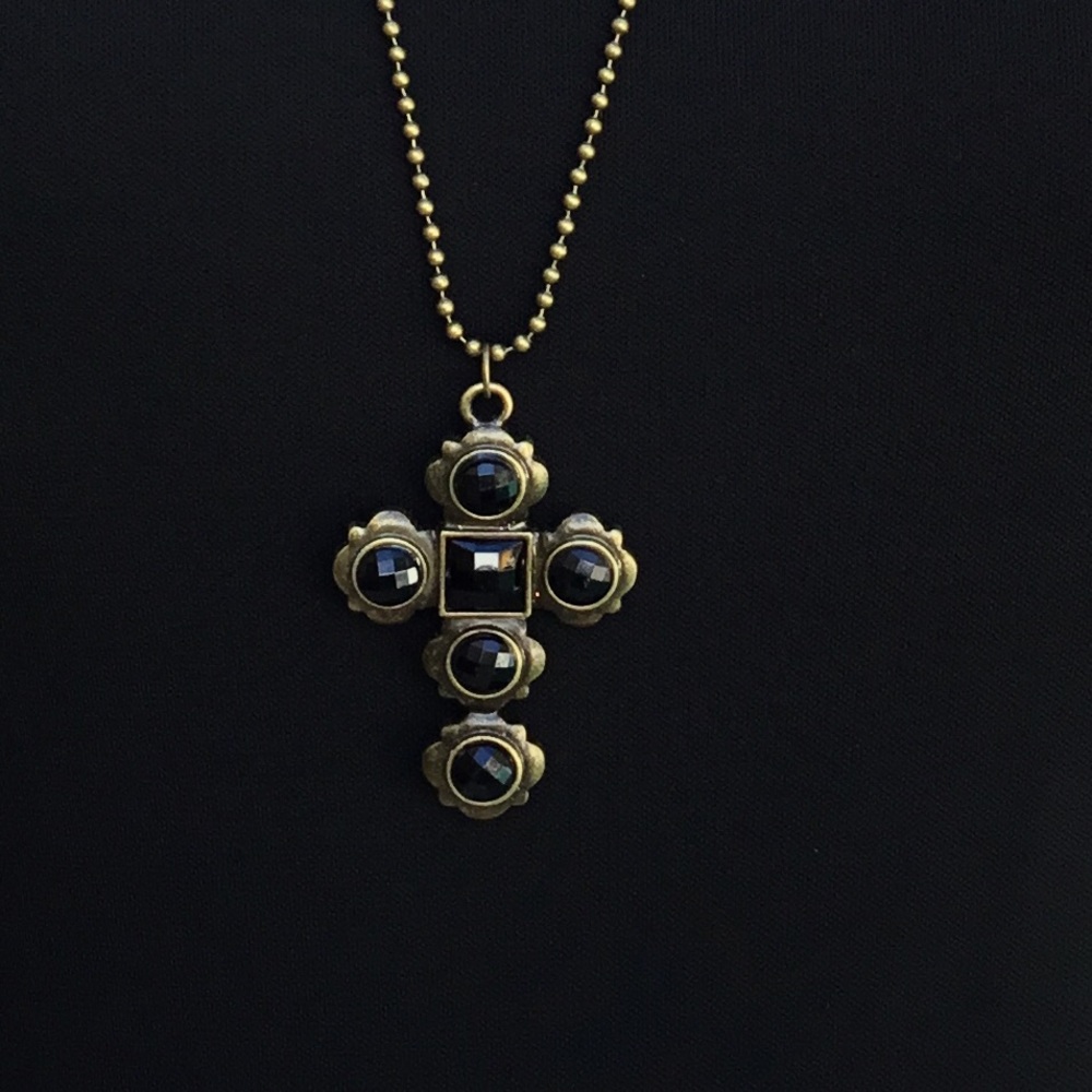 Vintage Bronze & Black 30” Cross Necklace