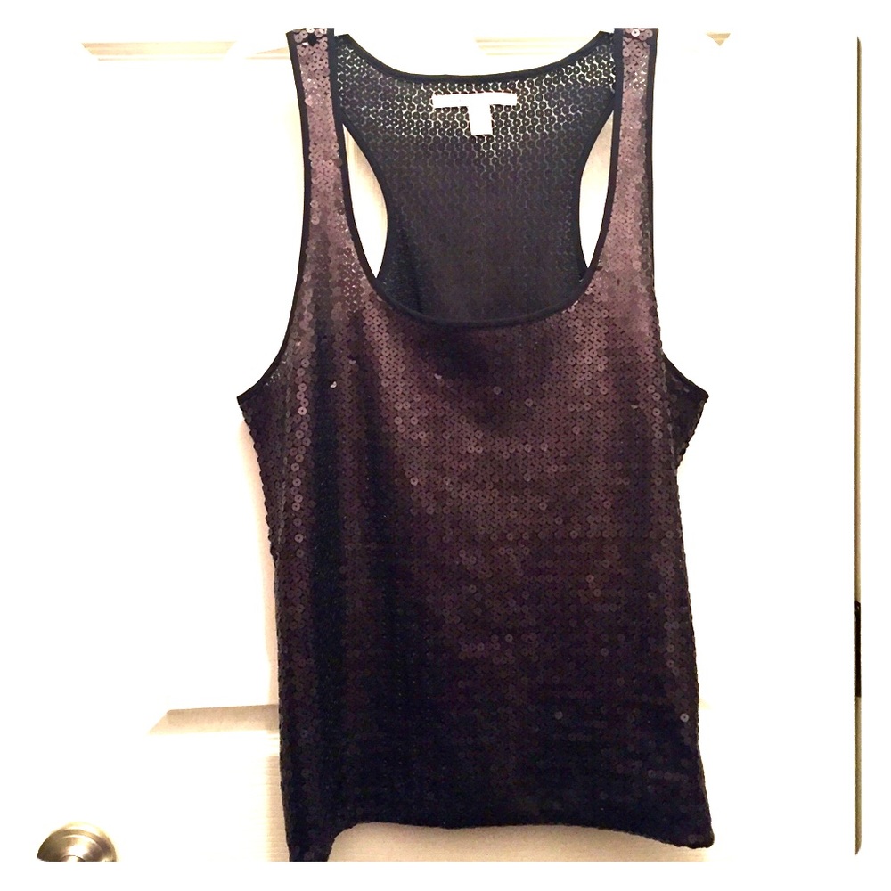 EUC Old Navy Black Razorback Tank Top Covered in Dark Brown Sequins
