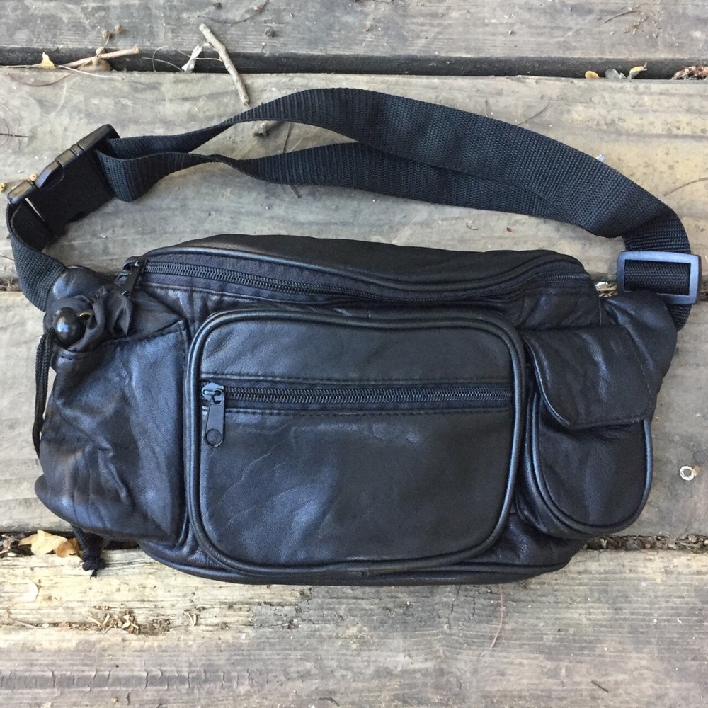Black genuine leather cargo fanny pack belt bag