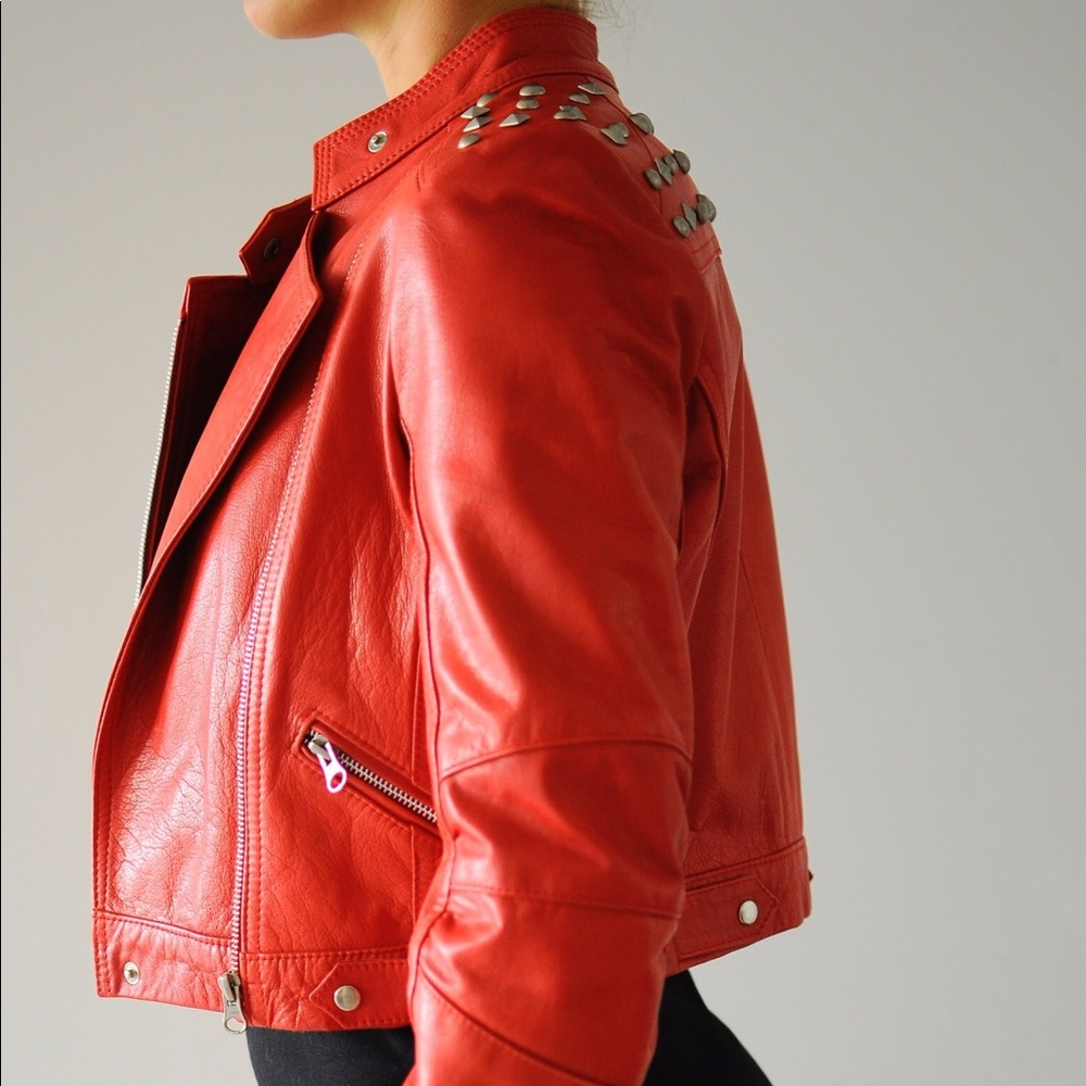 Red rock genuine leather jacket with tacks. - Picture 1 of 8