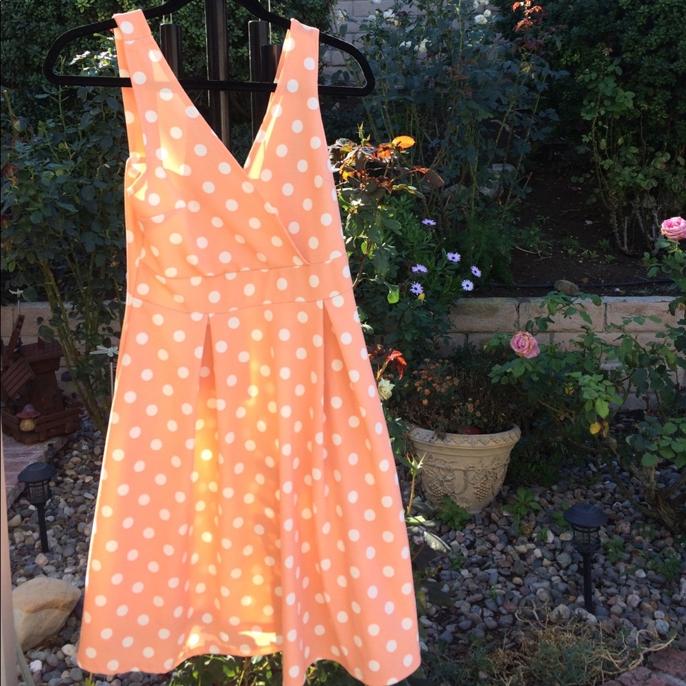 Peach white polka dot A line pleated dress