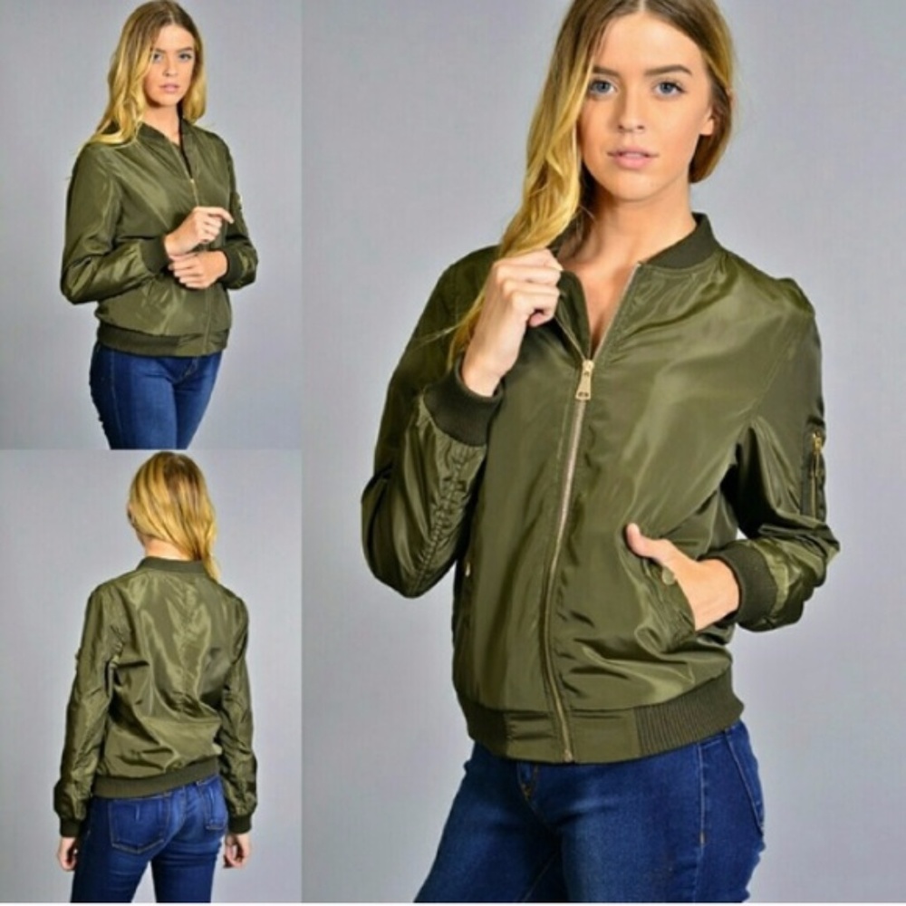 Olive Green Bomber Jacket w/ Gold zipper
