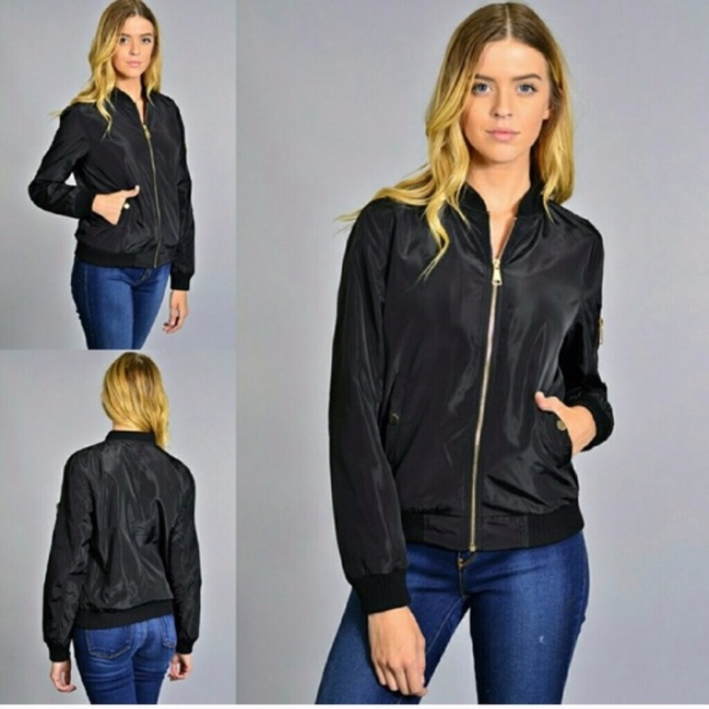 Black Bomber Jacket with Gold Zipper