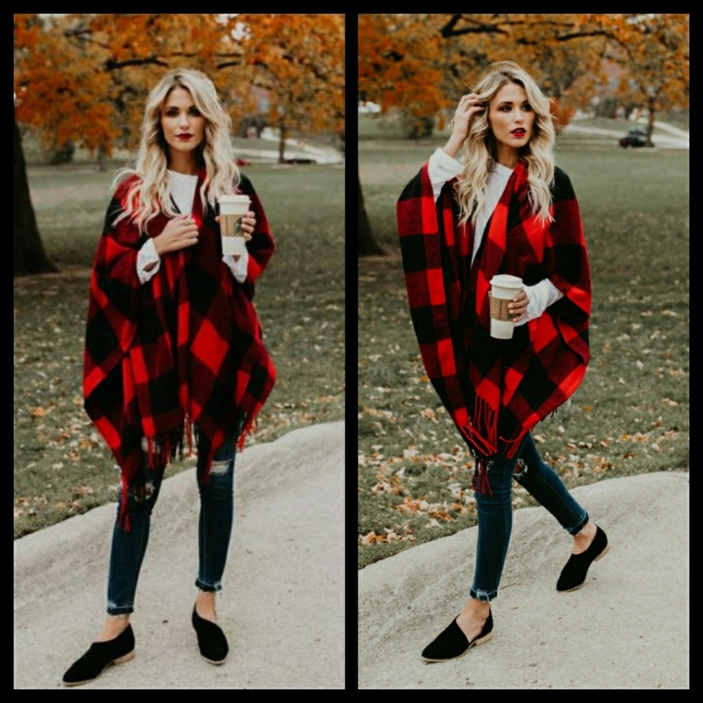 Last One New Red/Black Buffalo Check Poncho - Picture 1 of 4