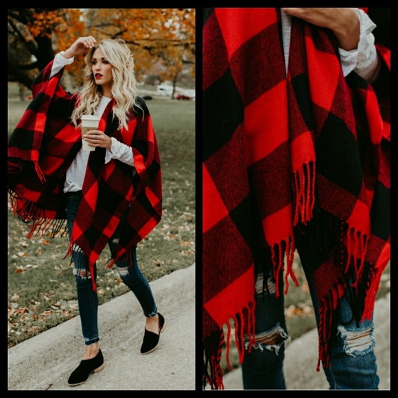 Last One New Red/Black Buffalo Check Poncho - Picture 2 of 4